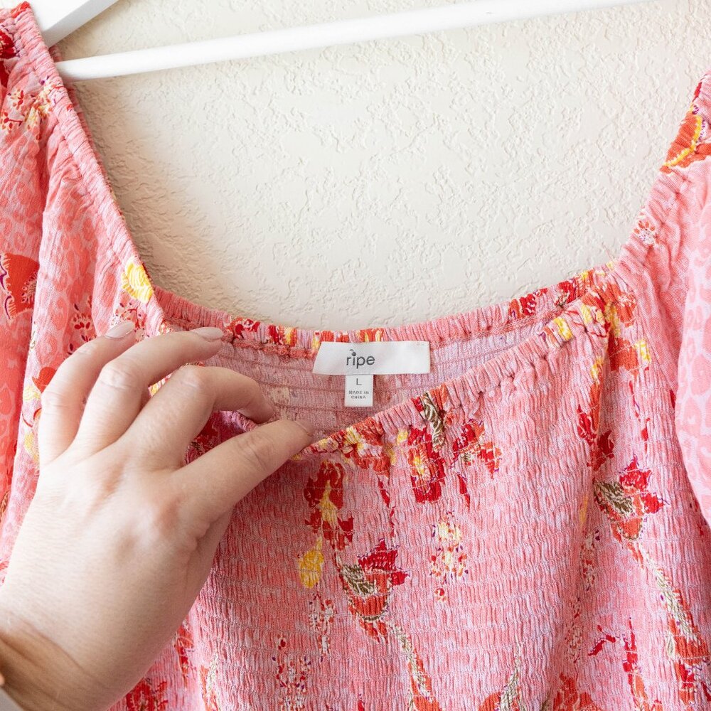 Ripe Maternity Libby Dress Size Large Pink Floral Smocked Flutter Sleeve Midi - Picture 3 of 7